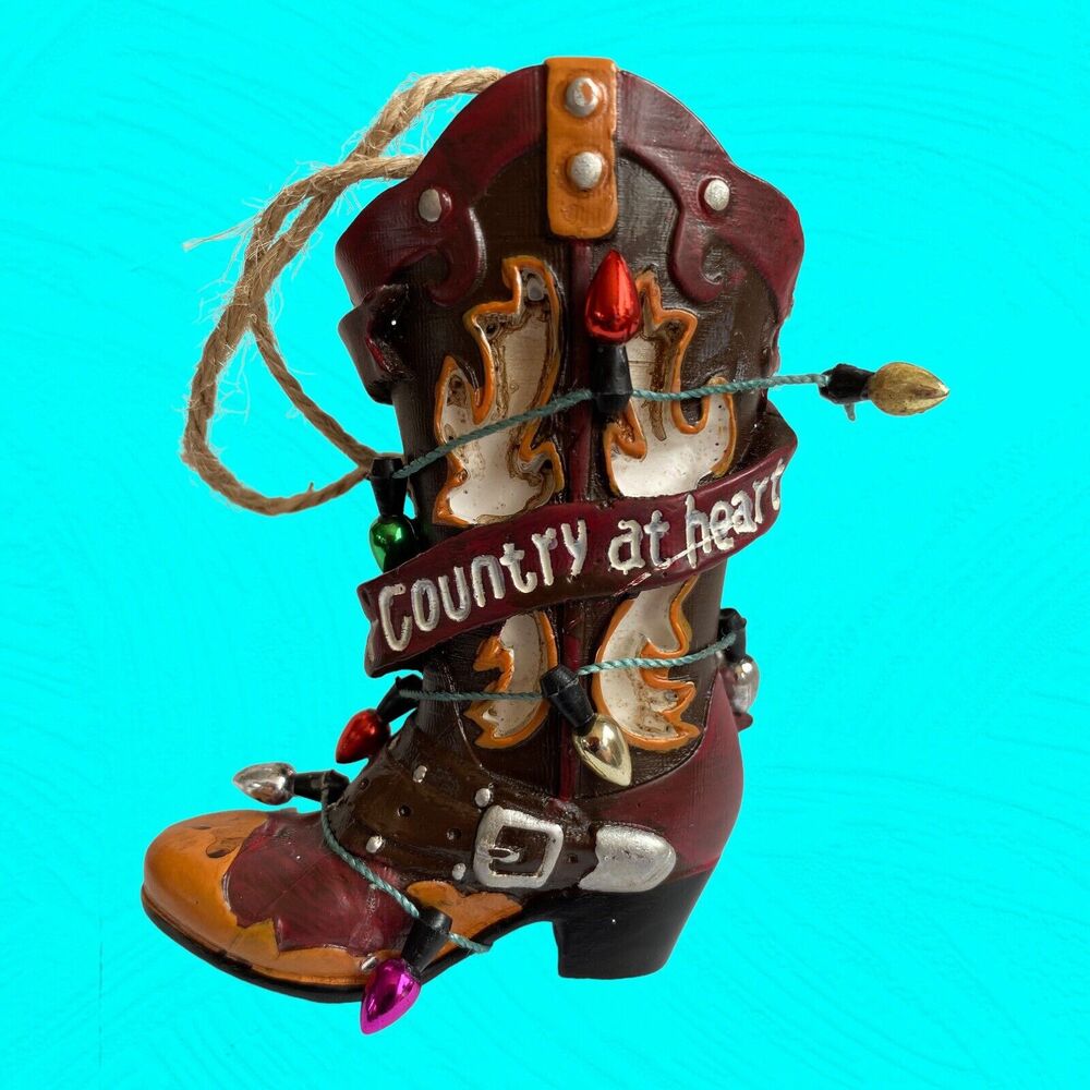 Country At Heart Cowboy Boot Christmas Ornament Ceramic Decorated W/ Tiny Lights